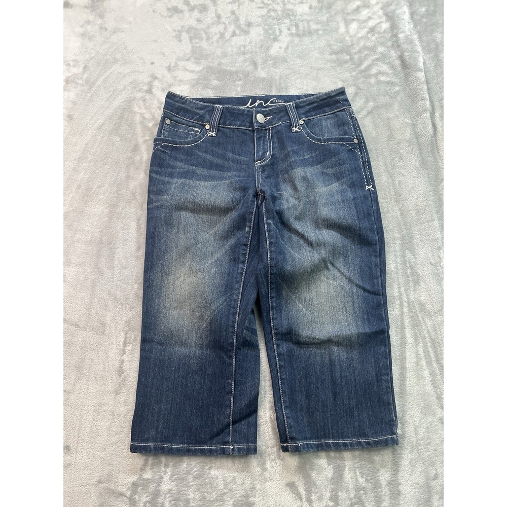 INC Jeans Womens Sz 4P Blue Curvy Fit Crop Capri Faded Whiskered Denim Low Rise